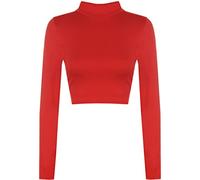 GirlzWalk® Womens Turtle Neck Crop Top - Ladies Long Sleeve Casual Plain Polo Short Stretch Top (Red, 12-14)