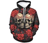 Girren Men's Novelty Skull Graphic Hoodies Rose 3D Printed Sweatshirts Pocket Hooded, Red2, Medium