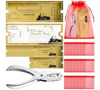 Gisafai 50 Sets Christmas Polar Golden Tickets Believe Bells Gifts Christmas Party Favors Goodie Bag Stocking Stuffers Santa Sleigh Bells Train Tickets Conductor Hole Punch Organza Bags Xmas