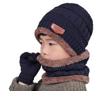 Gisdanchz Children Kids Winter Wooly Knitted Beanie Hats Wool Fleece Lined Theraml Warm Snood Neck Warmer Hat Scarf Gloves Set for Boys Girls Toddler Baby Age 5-14 Year Old, Navy