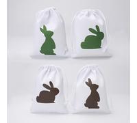 GISELA D Easter Bunny Goodie Bags, 12 Pack Canvas Drawstring Bags with Rabbit Silhouette Design, 5.3 x 7 Inch, 4 Different Designs