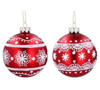Gisela Graham 2 x Matt Red/White 'Lace' Glass Balls (Baubles)
