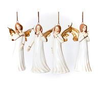 Gisela Graham 4 Ceramic Christmas Angels Decorations - Set of 4, 11.5cm, White, Silver Peacock Angel, Hanging or Free Standing, Christmas