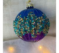 Gisela Graham 6 x Purple/Turq Ribbed Glass Ball w Glitter Band