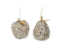 GISELA GRAHAM 9CM GOLD SEQUIN FRUIT DECORATIONS - SET OF TWO: APPLE AND PEAR HANGING ORNAMENTS FOR CELEBRATORY EVENTS