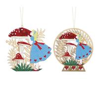Gisela Graham Alice in Wonderland Alice & Toadstools Wood Fretwork Decorations Set of 2