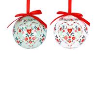 Gisela Graham Alpine Folk Design Christmas Baubles, Floral Heart Pattern, Set of 2