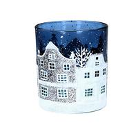 Gisela Graham Blue and White Christmas Street Scene Glass Tea light Candle Holder