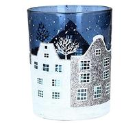 Gisela Graham Blue and White Glass Street Scene Tea Light Candle Holder | Gisela Graham Blue & White Glass Street Scene Large Tealight Holder (12x10cm) - Snowy Winter Christmas Candle Votive