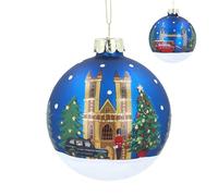 Gisela Graham Blue Glass Christmas Bauble, London Scene, Round, 8cm