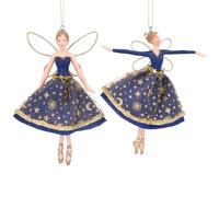 Gisela Graham Celestial Fairy in Blue & Gold Fabric & Resin Wedding Hanging Ornament, set of 2