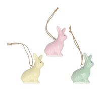Gisela Graham Ceramic Easter Bunny Decorations, Pastel Pink Yellow Green, 7cm, Set of 3