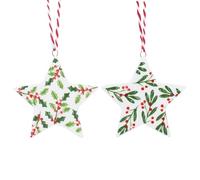 Gisela Graham Ceramic Star Christmas Tree Decoration, Holly Berry Design,Set of 2