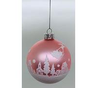 Gisela Graham Christmas Bauble Glass Bauble in Pink with White Glitter Village and Santa Claus with Sleigh