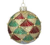Gisela Graham Christmas Bauble - Gold Red and Green Ball Glitter with Fans