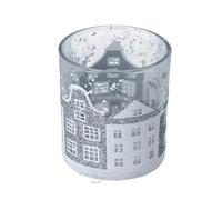 Gisela Graham Christmas Candle T-Light Holder Silver and White Houses Small