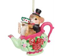 Gisela Graham Christmas Dormouse In A Teapot Hanging Tree Decoration, 8 X 9.5 X 8 Cm, Gold And Black