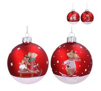 Gisela Graham Christmas Glass Bauble, Red Mouse Design, Round, 8cm, Set of 2