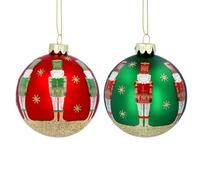 Gisela Graham Christmas Set Of 2 Nutcracker Glass Baubles 8 X 8 Cm, Red And Green, Gloss Finish, Indoor Tree Decorations