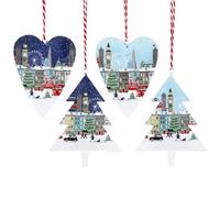 Gisela Graham Christmas - Set Of 4 London Scene Shaped Christmas Tree Decorations, 11 X 8 X 1 Cm Each