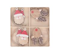 Gisela Graham Christmas Set Of 8 Wooden Santa And Reindeer Hanging Decorations With Rustic Twine - Red And Natural Wood