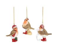 Gisela Graham Christmas - Set Of Three Festive Robin Hanging Ornaments, Resin Robins With Gold Twine, Small 6 X 4.5 Cm Each