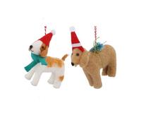 Gisela Graham Christmas Set Of Two Plush Dog Tree Decorations With Hats And Gingham Twine, 11.5 X 15 Cm