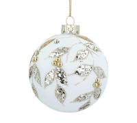 Gisela Graham Cream Bauble with Gold Glitter Leaf Design - Hanging Bauble - Glass - Christmas