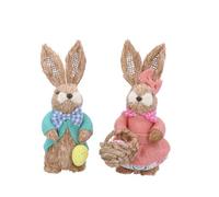 Gisela Graham Easter - Set Of 2 Bristle Rabbits With Baskets, Beige, 21 X 9 Cm - Easter Homeware Decorations
