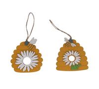 Gisela Graham Easter Set Of 2 Wooden Floral Bee Hive Decorations With Hanging Twine, Yellow And Black, 8.5 X 8.8 Cm Each