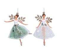Gisela Graham Fairy Christmas Tree Hanging Decorations Set of 2 | Green & White Skirts, Glitter Wings, Star Embellishments, Sequin Details, Resin Figurines