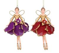 Gisela Graham Fairy in Red & Purple Flower Petal Dress Resin & Fabric 13 Centimetre Decoration, set of 2