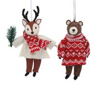 Gisela Graham Felt Reindeer & Bear Christmas Tree Decorations - Set of 2 Woodland Hanging Ornaments - Red Knitted Festive Animal Decorations
