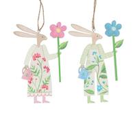 Gisela Graham Floral Hare Wooden Hanging Decorations, Set of 2 Easter Hare Ornaments with Jute String, Spring Home Décor