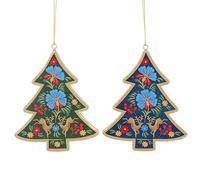 Gisela Graham Folk Art Wood Christmas Tree Decoration, set of 2