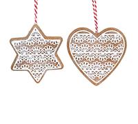 Gisela Graham Gingerbread Heart/Star Christmas Tree Decorations - Set of 2, Approx. L7cm x W7cm x D2cm.