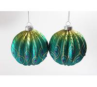 Gisela Graham Glass Balls Ribbed Peacock Green and Blue 8 Centimeter Set of 2