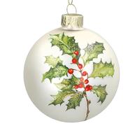 Gisela Graham Glass Christmas Bauble, Matt Off White with Holly, Round, 8cm