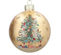 Gisela Graham Glass Christmas Bauble, Nostalgia Tree Design, Gold, Round, 8cm
