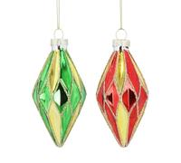 Gisela Graham Glass Christmas Baubles, Diamond Shape, Green and Red, Set of 2, 10cm