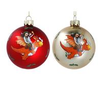 Gisela Graham Glass Christmas Baubles, Zog Flying Doctors Design, Red and Gold, Set of 2, 8cm