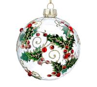 Gisela Graham Glass Christmas Festive Bauble Decoration 8cm - Holly & Berries