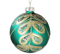 Gisela Graham Glass Peacock Bauble Green with Gold Detailing 8cm