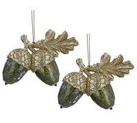 Gisela Graham Gold & Green Acorn Hanging Ornaments (Set of 2) - Wood with Gold Coating - Autumn Occasion