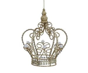 Gisela Graham Gold Sparkling Wire and Pearl Crown 12 Centimetre Hanging Decoration