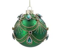 Gisela Graham Green Glass Christmas Bauble, Jewelled Swags, Round, 8cm