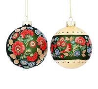 Gisela Graham Green/Gold Folk Art Floral Glass Bauble - set of 2