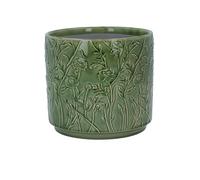 Gisela Graham Green Stoneware Plant Pot Cover, Blooms Pattern, 14cm x 12.5cm