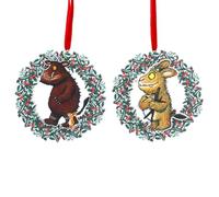 Gisela Graham Gruffalo and Child Christmas Tree Decorations, Set of 2, Wooden Holly Wreath Design