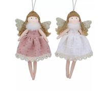 Gisela Graham Lace Fairy Christmas Decorations, Set of 2, Pink & White Fabric